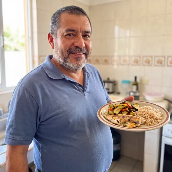Hombre sonriendo con un plato de comida saludable