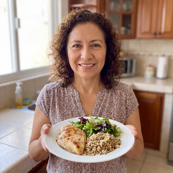 Mujer sonriendo con un plato de comida saludable